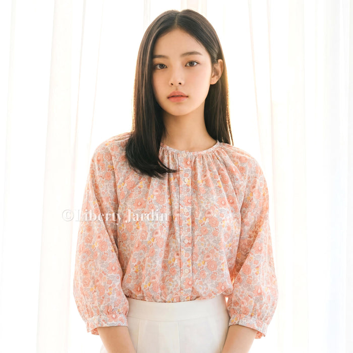 Liberty London Gathered Blouse, 3/4 Bishop Sleeves Shirt, Handcrafted Tailoring Clothing, Button-up Botanical Chemise, Handmade Personalised