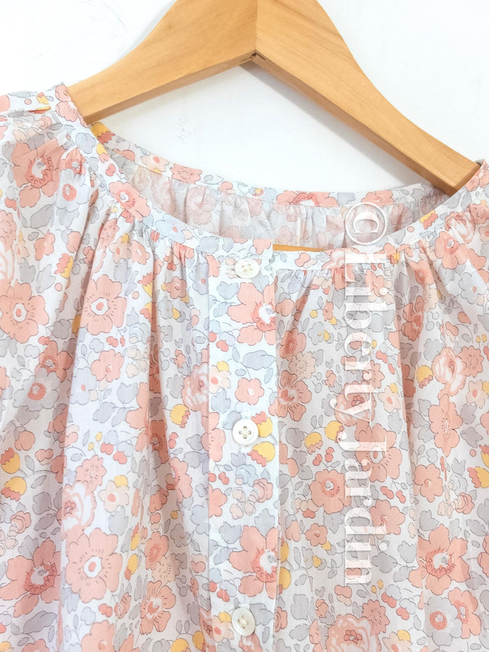 Liberty London Gathered Blouse, 3/4 Bishop Sleeves Shirt, Handcrafted Tailoring Clothing, Button-up Botanical Chemise, Handmade Personalised