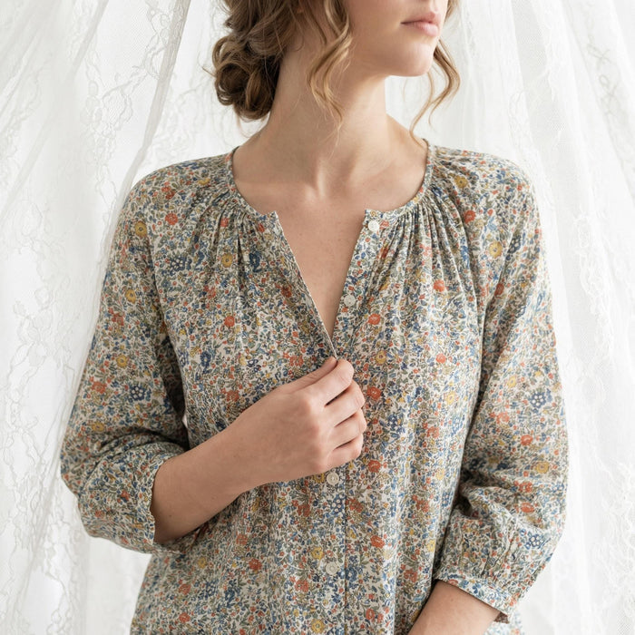 Liberty London Gathered Blouse, Three-quarter Bishop Sleeves Shirt, Handcrafted Tailoring Clothing, Button-up Botanical Chemise