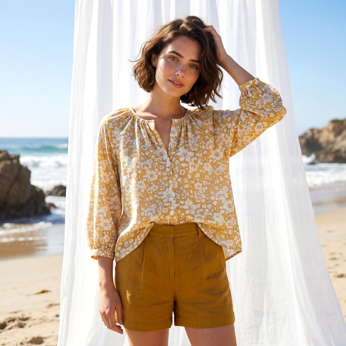 Liberty London Gathered Blouse, Three-quarter Bishop Sleeves Shirt, Handcrafted Tailoring Clothing, Button-up Botanical Chemise