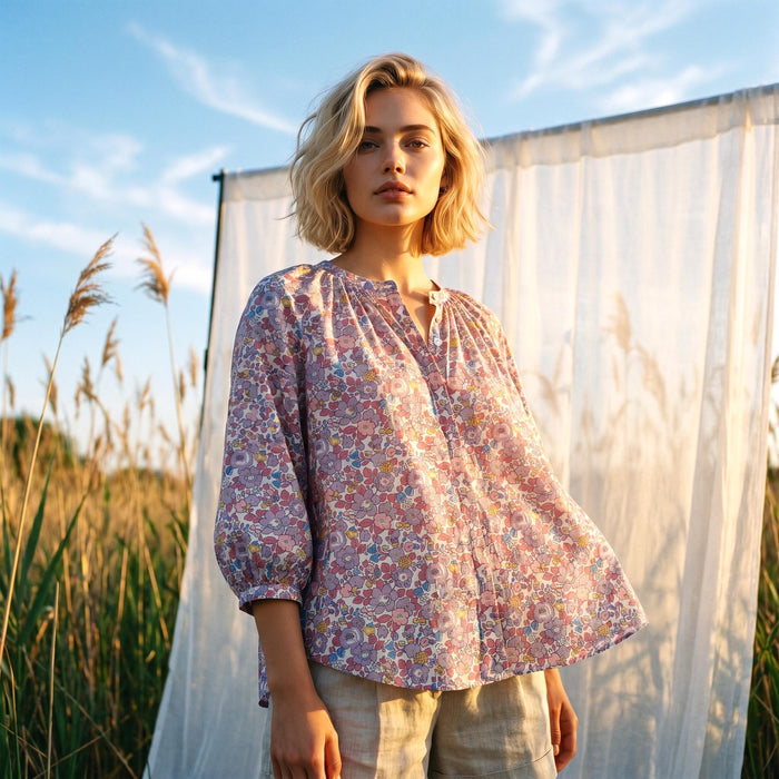 Liberty London Gathered Blouse, Three-quarter Bishop Sleeves Shirt, Handcrafted Tailoring Clothing, Button-up Botanical Chemise