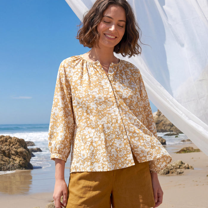 Liberty London Gathered Blouse, Three-quarter Bishop Sleeves Shirt, Handcrafted Tailoring Clothing, Button-up Botanical Chemise