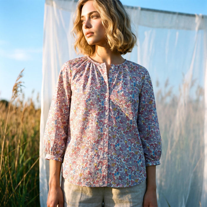 Liberty London Gathered Blouse, Three-quarter Bishop Sleeves Shirt, Handcrafted Tailoring Clothing, Button-up Botanical Chemise