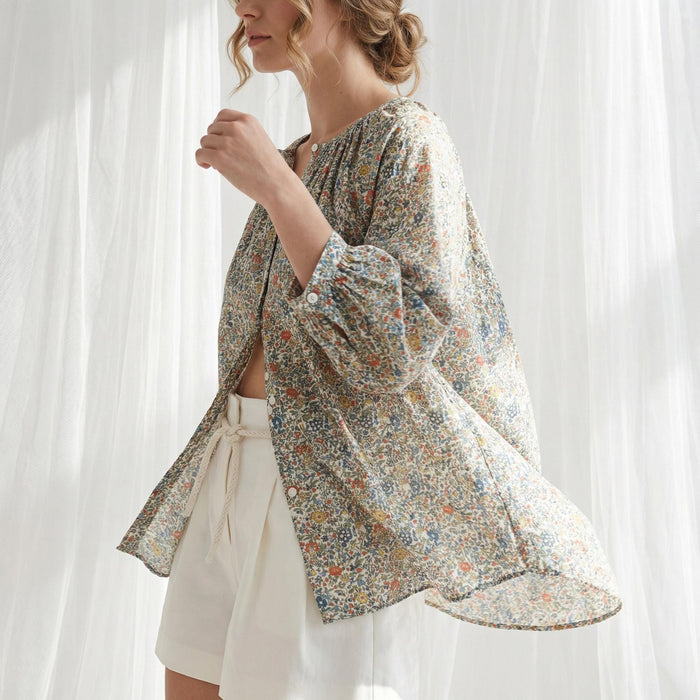 Liberty London Gathered Blouse, Three-quarter Bishop Sleeves Shirt, Handcrafted Tailoring Clothing, Button-up Botanical Chemise