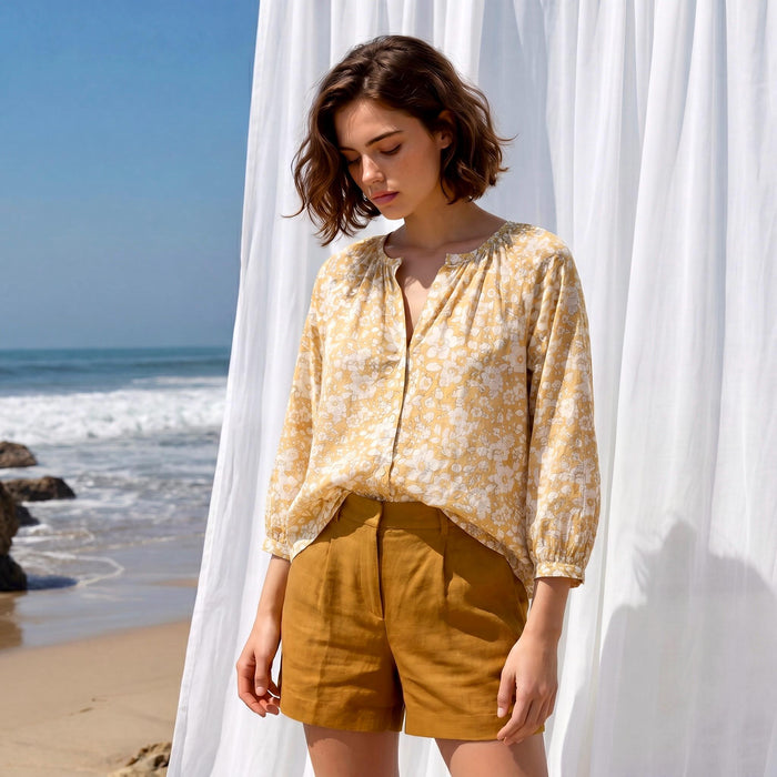 Liberty London Gathered Blouse, Three-quarter Bishop Sleeves Shirt, Handcrafted Tailoring Clothing, Button-up Botanical Chemise