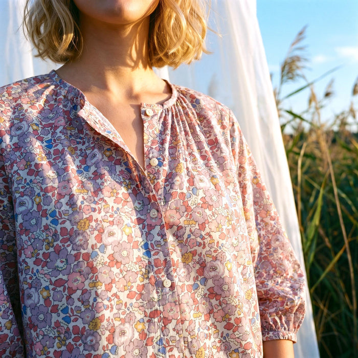 Liberty London Gathered Blouse, Three-quarter Bishop Sleeves Shirt, Handcrafted Tailoring Clothing, Button-up Botanical Chemise