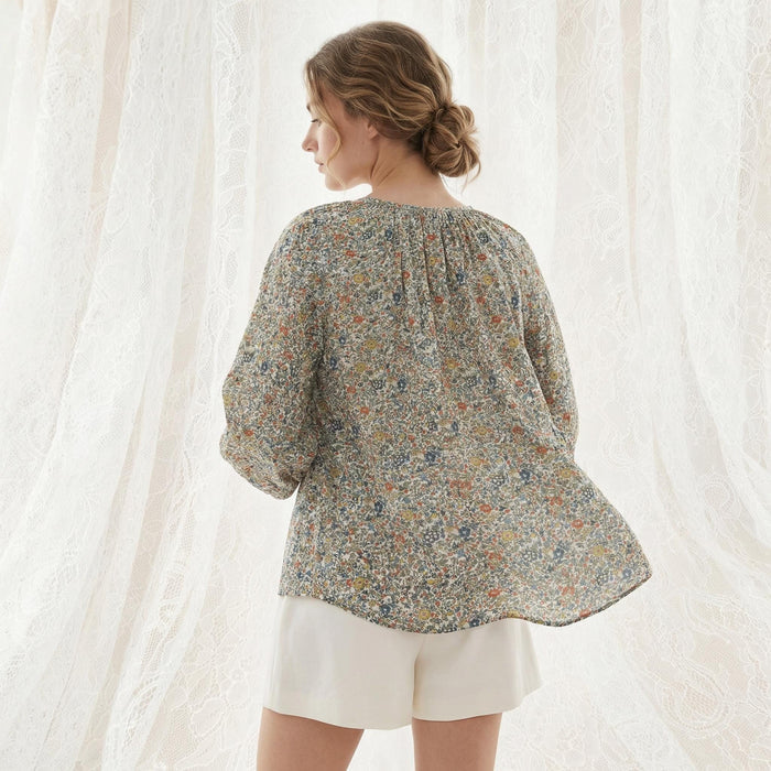 Liberty London Gathered Blouse, Three-quarter Bishop Sleeves Shirt, Handcrafted Tailoring Clothing, Button-up Botanical Chemise