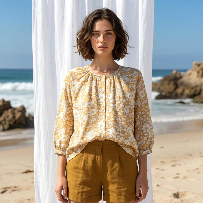 Liberty London Gathered Blouse, Three-quarter Bishop Sleeves Shirt, Handcrafted Tailoring Clothing, Button-up Botanical Chemise