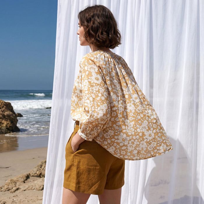 Liberty London Gathered Blouse, Three-quarter Bishop Sleeves Shirt, Handcrafted Tailoring Clothing, Button-up Botanical Chemise