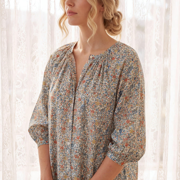 Liberty London Gathered Blouse, Three-quarter Bishop Sleeves Shirt, Handcrafted Tailoring Clothing, Button-up Botanical Chemise
