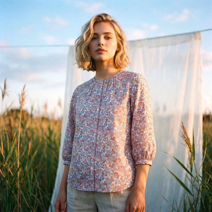 Liberty London Gathered Blouse, Three-quarter Bishop Sleeves Shirt, Handcrafted Tailoring Clothing, Button-up Botanical Chemise