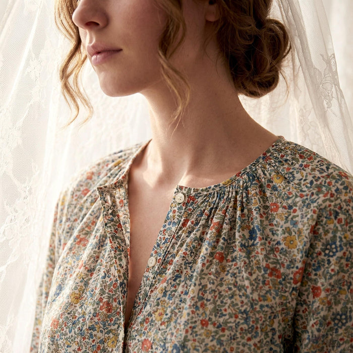 Liberty London Gathered Blouse, Three-quarter Bishop Sleeves Shirt, Handcrafted Tailoring Clothing, Button-up Botanical Chemise