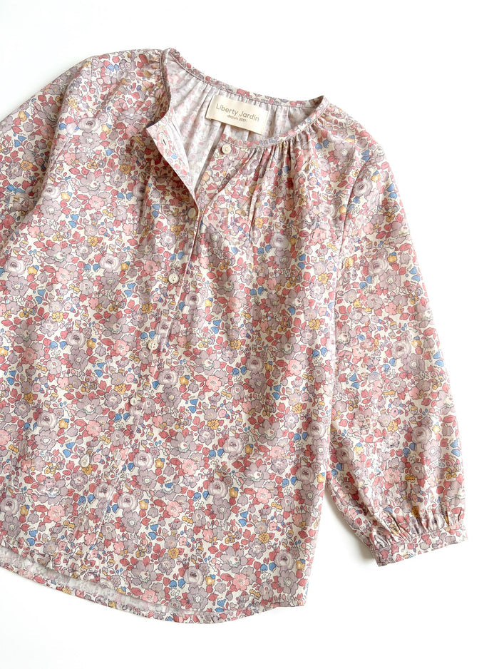 Liberty London Gathered Blouse, Three-quarter Bishop Sleeves Shirt, Handcrafted Tailoring Clothing, Button-up Botanical Chemise