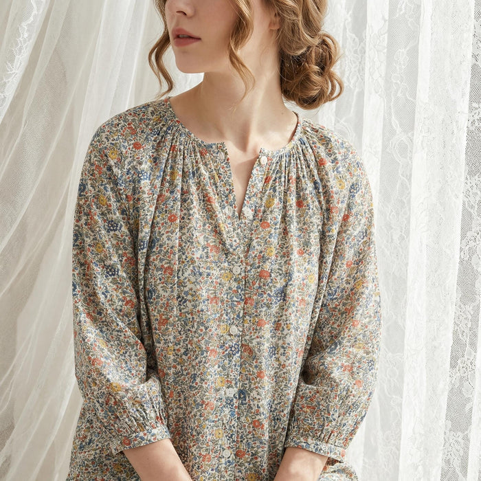 Liberty London Gathered Blouse, Three-quarter Bishop Sleeves Shirt, Handcrafted Tailoring Clothing, Button-up Botanical Chemise
