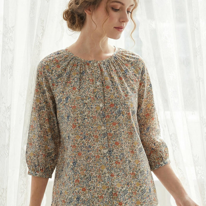 Liberty London Gathered Blouse, Three-quarter Bishop Sleeves Shirt, Handcrafted Tailoring Clothing, Button-up Botanical Chemise