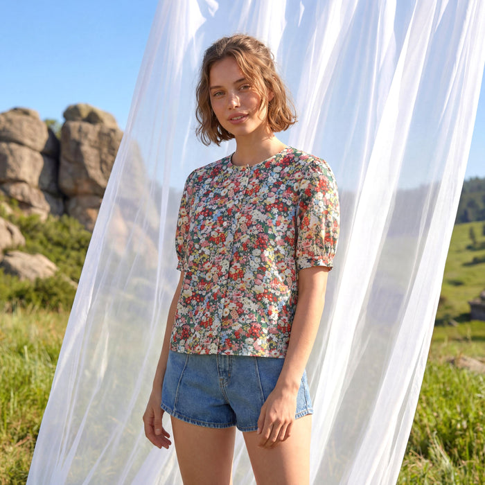 Liberty London Handmade Blouse, Button-up Short-Sleeved Shirt, Personalised Botanical Clothing, Sustainable Customised Cotton Top