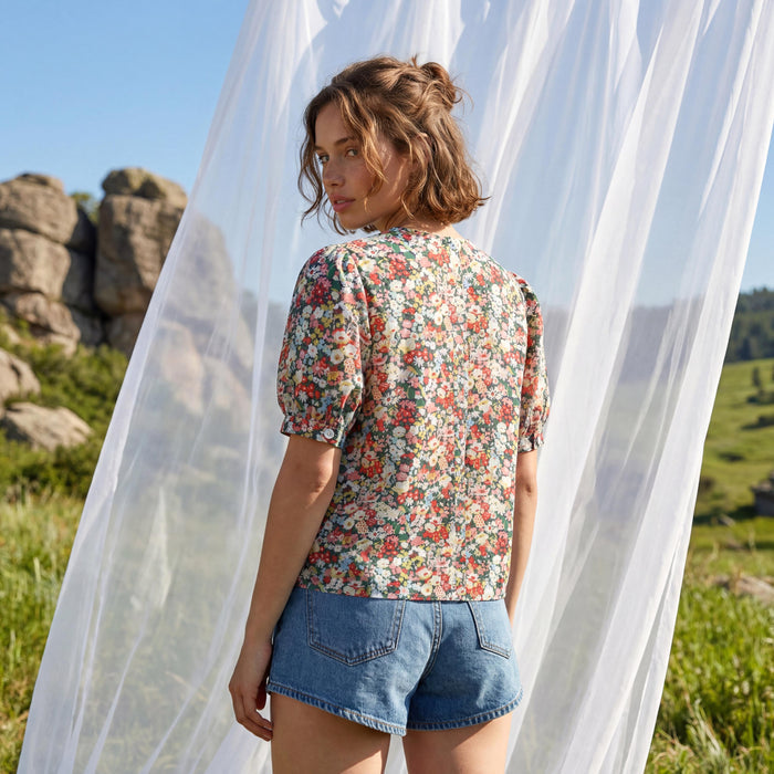 Liberty London Handmade Blouse, Button-up Short-Sleeved Shirt, Personalised Botanical Clothing, Sustainable Customised Cotton Top