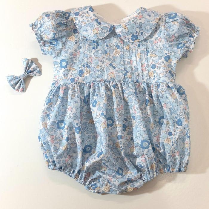 Liberty London Heirloom Children-wear, Peter-Pan Collared Short-Sleeved Ditsy Bubble Romper, Handmade Sustainable Luxury Clothing