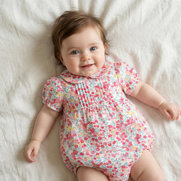 Liberty London Heirloom Children-wear, Peter-Pan Collared Short-Sleeved Ditsy Bubble Romper, Handmade Sustainable Luxury Clothing