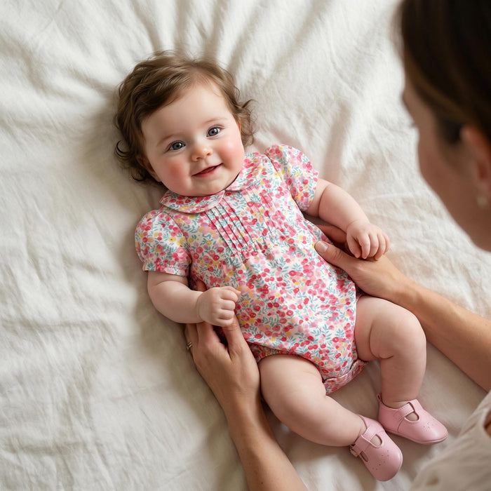 Liberty London Heirloom Children-wear, Peter-Pan Collared Short-Sleeved Ditsy Bubble Romper, Handmade Sustainable Luxury Clothing