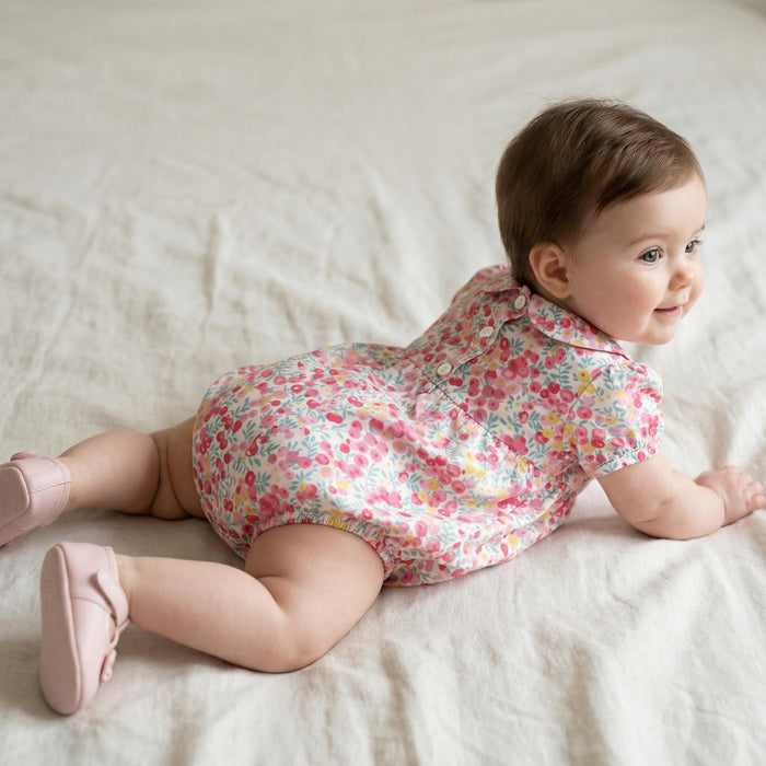 Liberty London Heirloom Children-wear, Peter-Pan Collared Short-Sleeved Ditsy Bubble Romper, Handmade Sustainable Luxury Clothing
