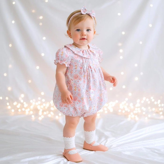 Liberty London Heirloom Children-wear, Pierrot Ruffle Collared Short-Sleeved Bubble Romper, Handmade Sustainable Ethical Clothing