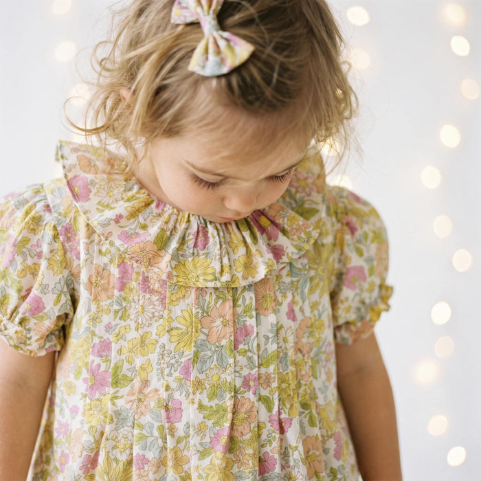 Liberty London Heirloom Children-wear, Pierrot Ruffle Collared Short-Sleeved Bubble Romper, Handmade Sustainable Ethical Clothing