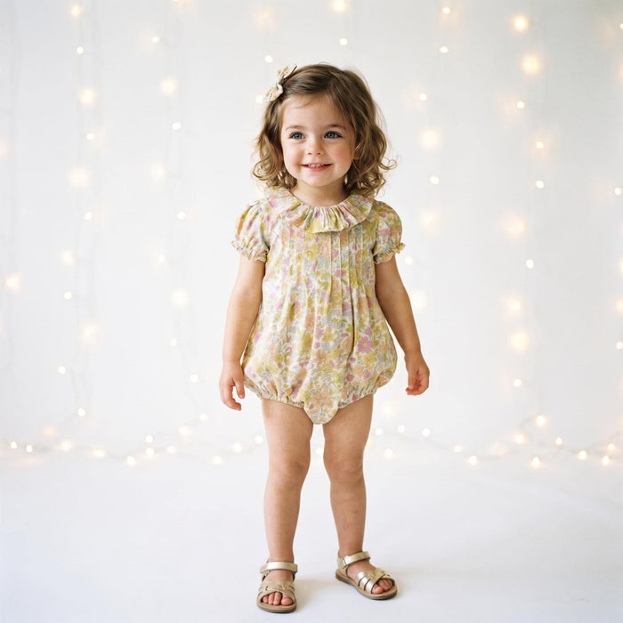 Liberty London Heirloom Children-wear, Pierrot Ruffle Collared Short-Sleeved Bubble Romper, Handmade Sustainable Ethical Clothing