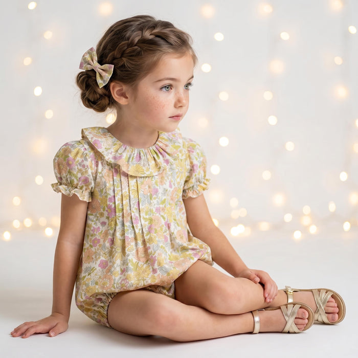 Liberty London Heirloom Children-wear, Pierrot Ruffle Collared Short-Sleeved Bubble Romper, Handmade Sustainable Ethical Clothing