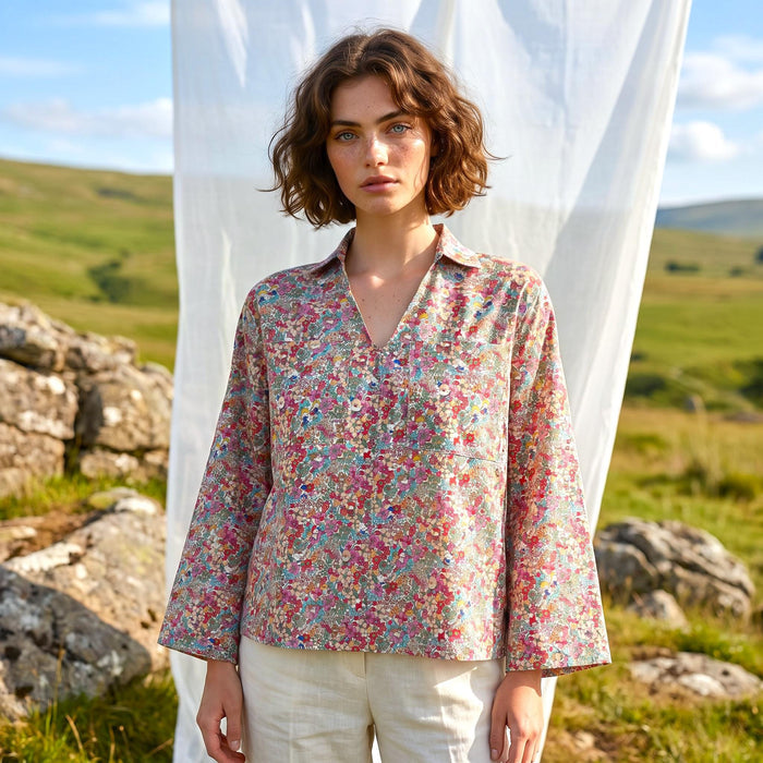 Liberty London Kimono Pop-Up Shirt, Long-sleeved Collared Top, Personalised Sustainable Clothing, Botanical Cotton Womenswear