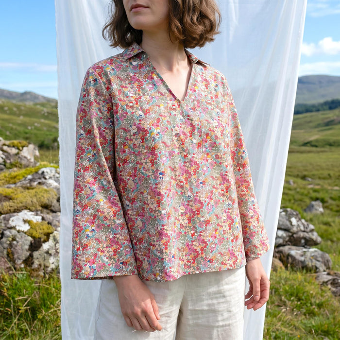 Liberty London Kimono Pop-Up Shirt, Long-sleeved Collared Top, Personalised Sustainable Clothing, Botanical Cotton Womenswear