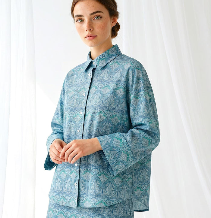 Liberty London Kimono Shirt, Bracelet Sleeves Button-up Chemise, Handmade Personalised Blouse, Botanical Sustainable Clothing