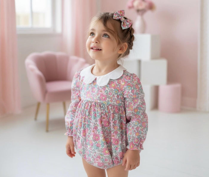 Liberty London Long Sleeve Baby Bubble: Floral Print Cotton Playsuit, Baby Girl Onesie