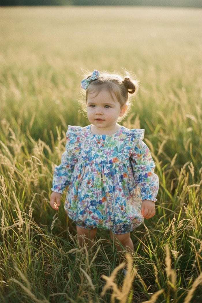 Liberty London Long Sleeve Bubble Onesie: Baby Cotton Romper, Botanical Floral Print