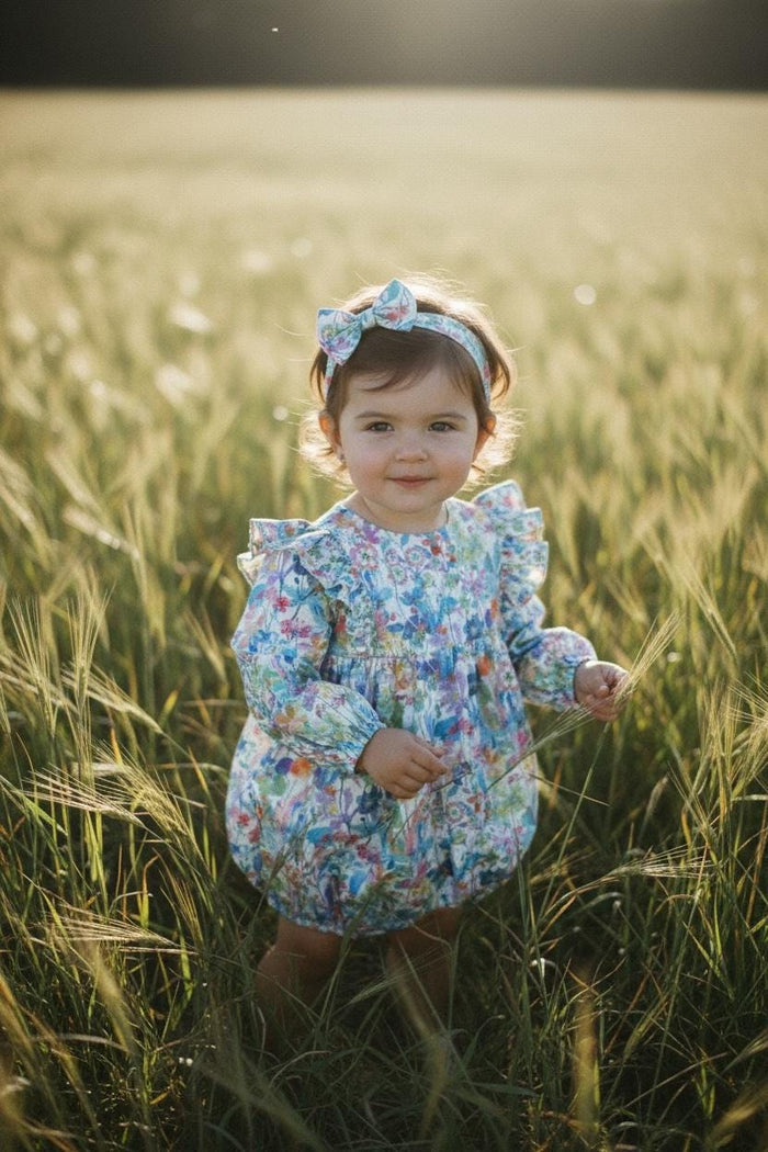 Liberty London Long Sleeve Bubble Onesie: Baby Cotton Romper, Botanical Floral Print