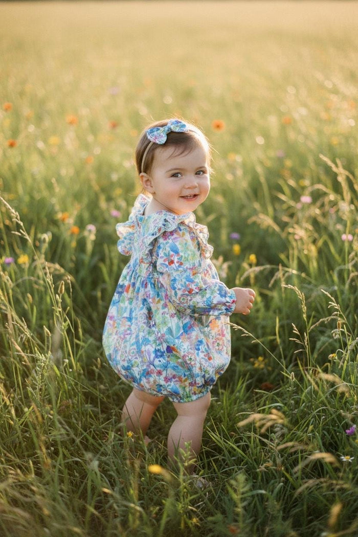 Liberty London Long Sleeve Bubble Onesie: Baby Cotton Romper, Botanical Floral Print