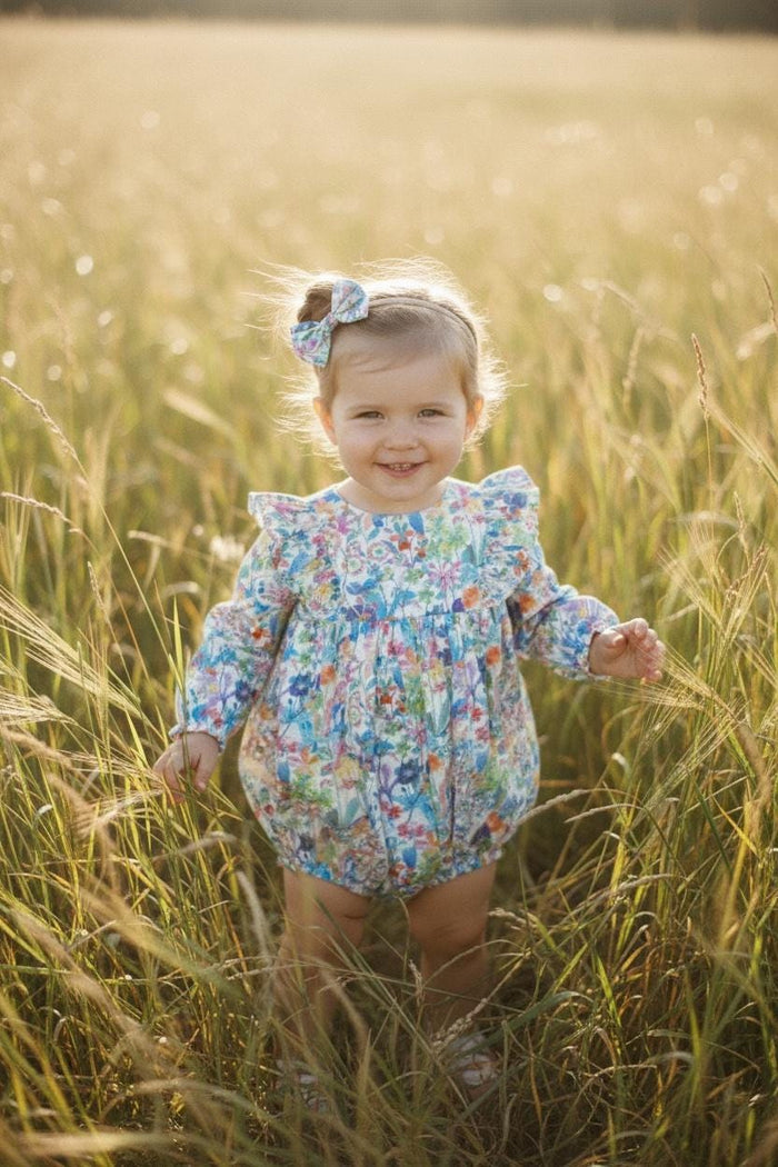Liberty London Long Sleeve Bubble Onesie: Baby Cotton Romper, Botanical Floral Print