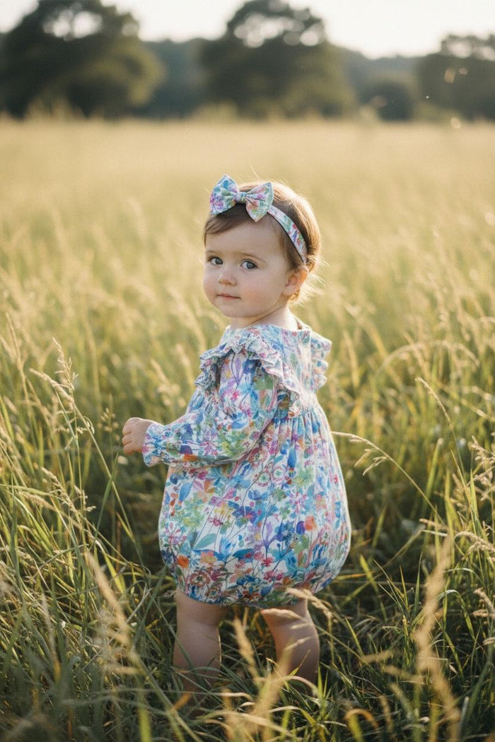 Liberty London Long Sleeve Bubble Onesie: Baby Cotton Romper, Botanical Floral Print