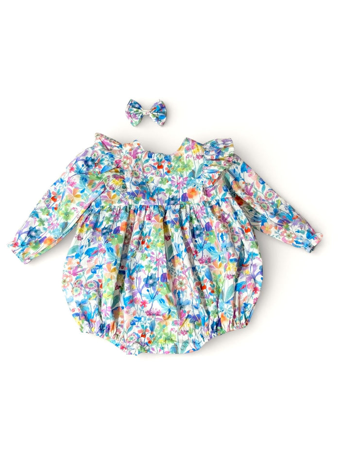 Liberty London Long Sleeve Bubble Onesie: Baby Cotton Romper, Botanical Floral Print