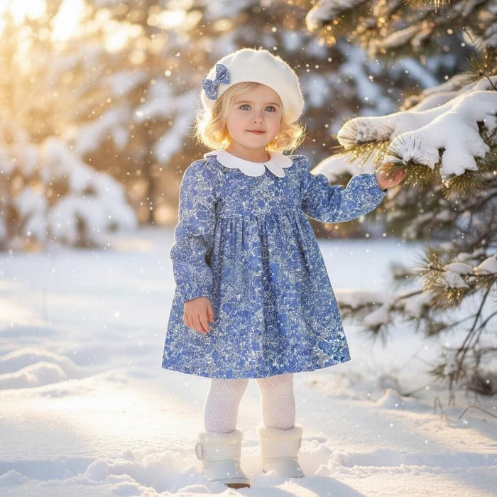 Liberty London Long Sleeve Girl Dress: Floral Print, Scallop Collar