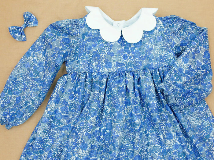 Liberty London Long Sleeve Girl Dress: Floral Print, Scallop Collar