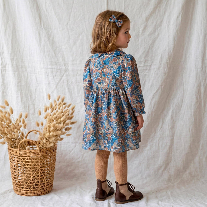 Liberty London Long Sleeve Peter Pan Collar Girl Dress: Floral Print Cotton Fabric