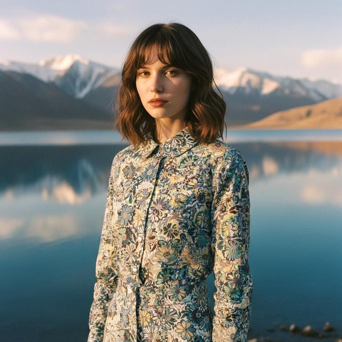 May include: A floral print shirt dress in shades of blue, green, and yellow. The dress has long sleeves and a collared neckline. The background features a lake and snow-capped mountains.