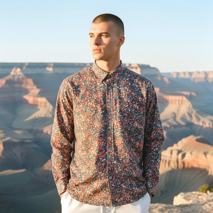Liberty London Long-Sleeved Button-up Menswear Chemise, Handmade Botanical Floral-Print Shirt, Sustainable Ethical Eco-friendly Clothing