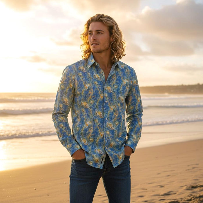 Liberty London Long-Sleeved Button-up Menswear Chemise, Handmade Botanical Floral-Print Shirt, Sustainable Ethical Eco-friendly Clothing