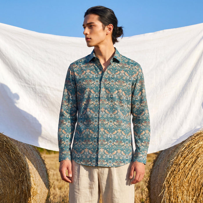 Liberty London Long-sleeved Button-up Shirt, Personalised Menswear, Tailoring Chemise, Sustainable Cotton Clothing, Botanical Design