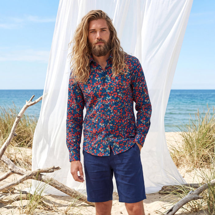Liberty London Long-sleeved Button-up Shirt, Personalised Menswear, Tailoring Chemise, Sustainable Cotton Clothing, Botanical Design
