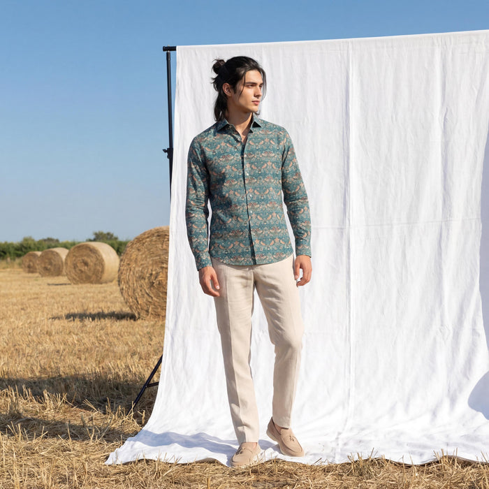 Liberty London Long-sleeved Button-up Shirt, Personalised Menswear, Tailoring Chemise, Sustainable Cotton Clothing, Botanical Design