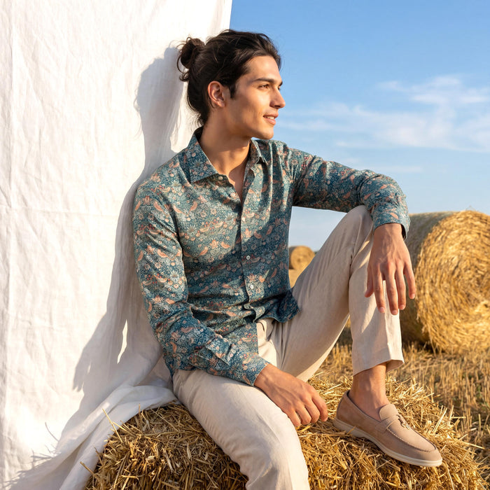 Liberty London Long-sleeved Button-up Shirt, Personalised Menswear, Tailoring Chemise, Sustainable Cotton Clothing, Botanical Design