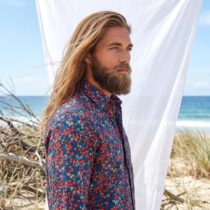 Liberty London Long-sleeved Button-up Shirt, Personalised Menswear, Tailoring Chemise, Sustainable Cotton Clothing, Botanical Design